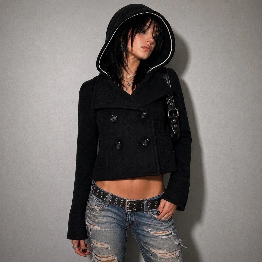 Vintage Y2K 2007 Old Navy Black Cropped Wool Peacoat Hood Womens S Alt Emo